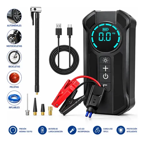 PARTIDOR DE EMERGENCIA BATERIA 12V, COMPRESOR INFLADOR DE NEUMATICOS,150 PSI, POWERBANK MULTICONEXIONES, LINTERNA LED - Imagen 6