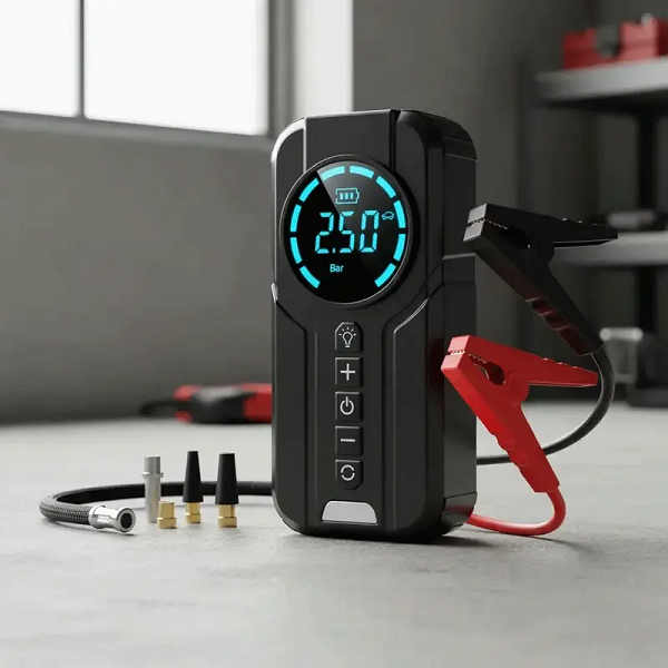 PARTIDOR DE EMERGENCIA BATERIA 12V, COMPRESOR INFLADOR DE NEUMATICOS,150 PSI, POWERBANK MULTICONEXIONES, LINTERNA LED - Imagen 4