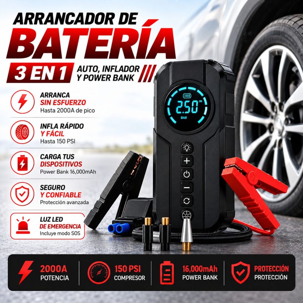 PARTIDOR DE EMERGENCIA BATERIA 12V, COMPRESOR INFLADOR DE NEUMATICOS,150 PSI, POWERBANK MULTICONEXIONES, LINTERNA LED