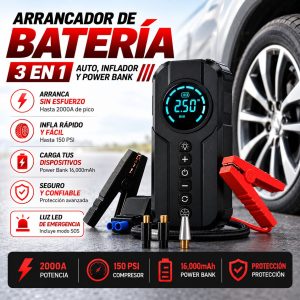 PARTIDOR DE EMERGENCIA BATERIA 12V, COMPRESOR INFLADOR DE NEUMATICOS,150 PSI, POWERBANK MULTICONEXIONES, LINTERNA LED