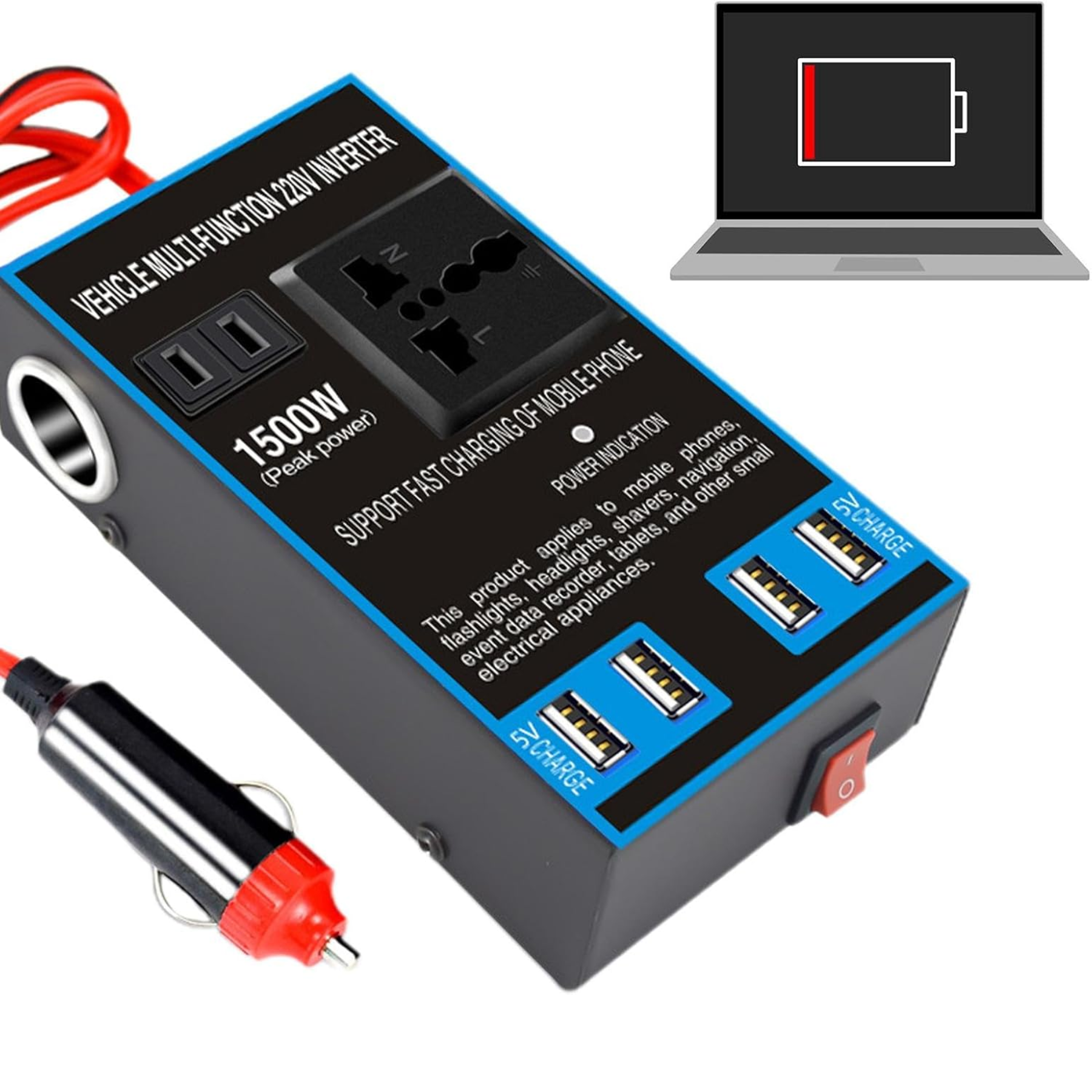 INVERSOR DE CORRIENTE VEHICULAR MULTIFUNCIÓN DE 12V/24V A 110V (1500W) - Imagen 2